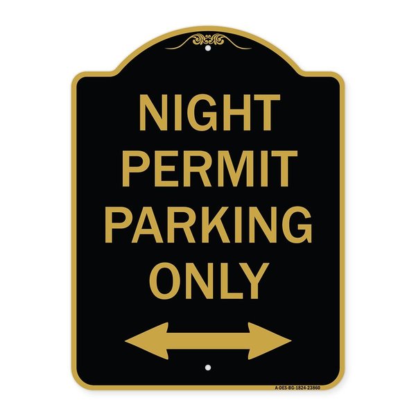 Signmission Night Permit Parking W/ Bi-Directional Arrow, Black & Gold Aluminum Sign, 18" x 24", BG-1824-23860 A-DES-BG-1824-23860